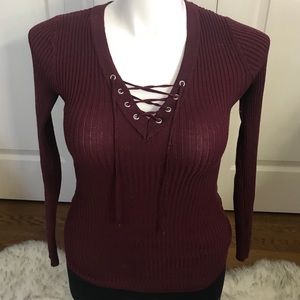 Burgundy red lace up criss cross sweater rue 21